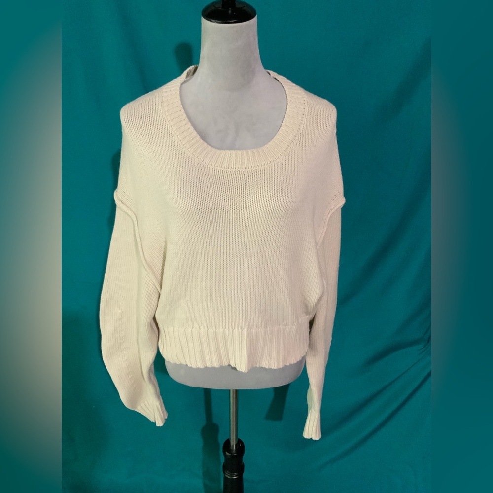 Miss Love SHAKER KNIT DROP-SHOULDER CROPPED PULLOVER CREWNECK SWEATER